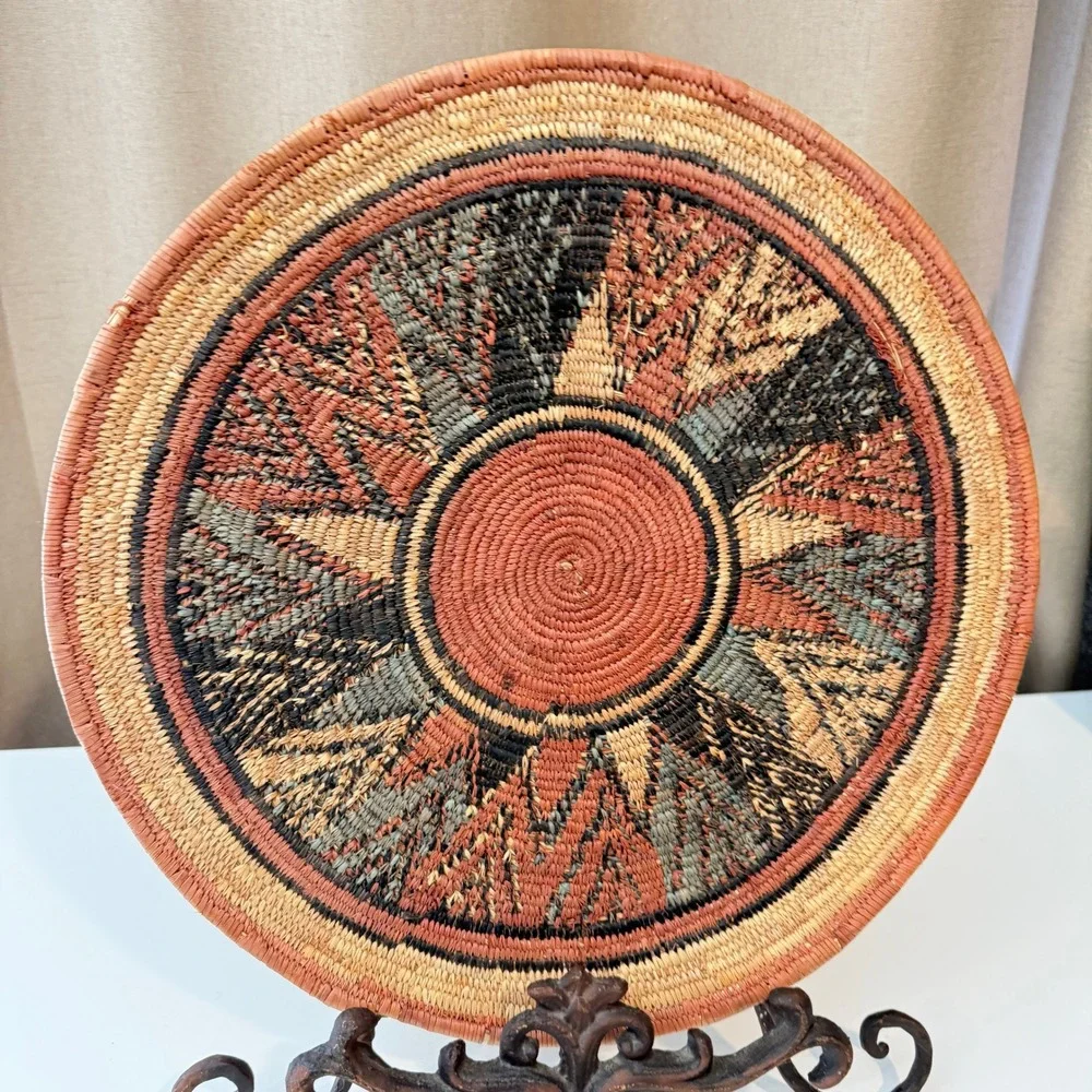Handcrafted Coiled Woven Basket Tray Wall Decor Geometric Sunburst Terracotta
